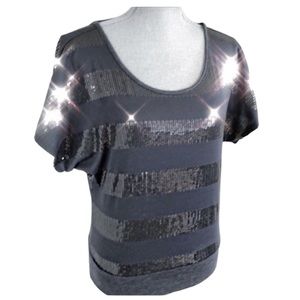 Motive Blue Sequin Striped Shirt Short Sleeve Size Medium